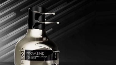 Immagine ritagliata della metà superiore del flacone dorato di Nexxus Promend per la cura dei capelli.