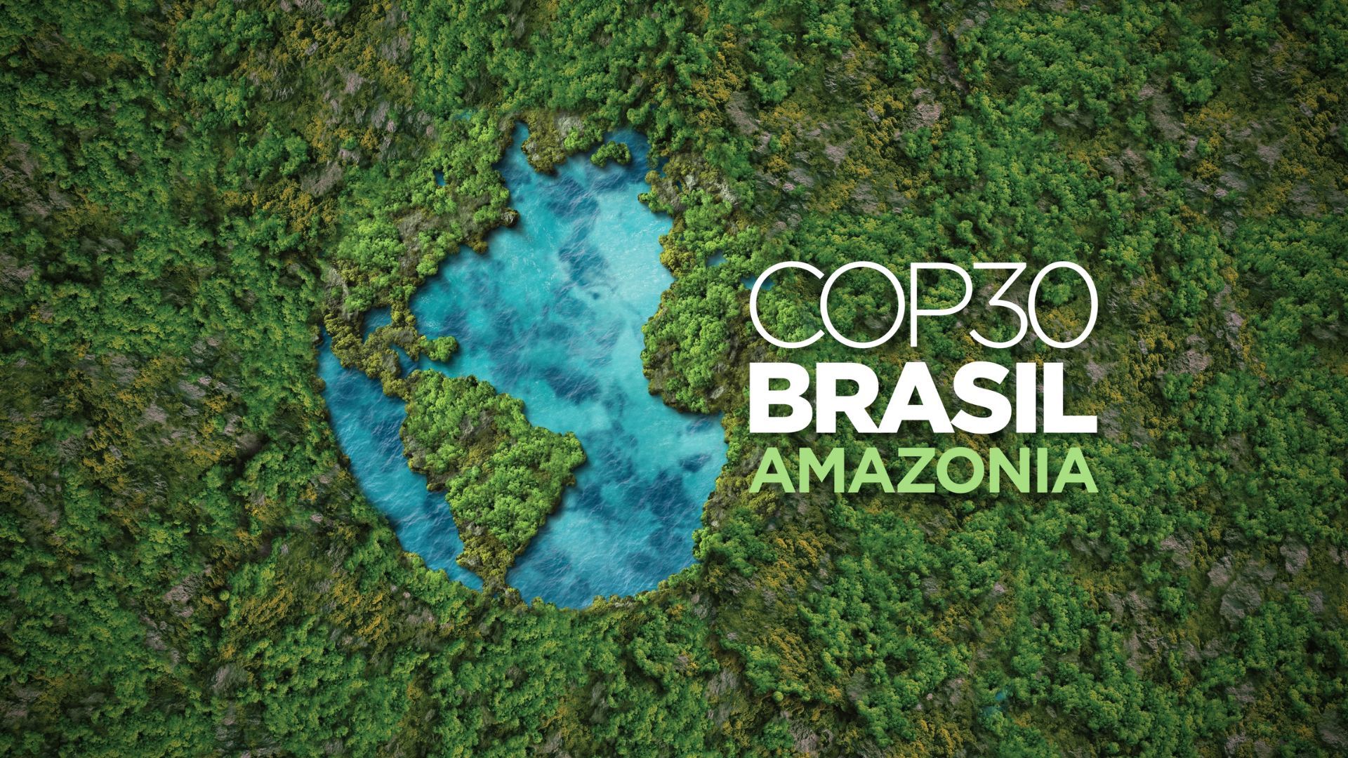 Foto aerea della foresta pluviale, modificata in modo che un lago assuma la forma del Brasile, accanto alle parole COP30 Brasil Amazônia