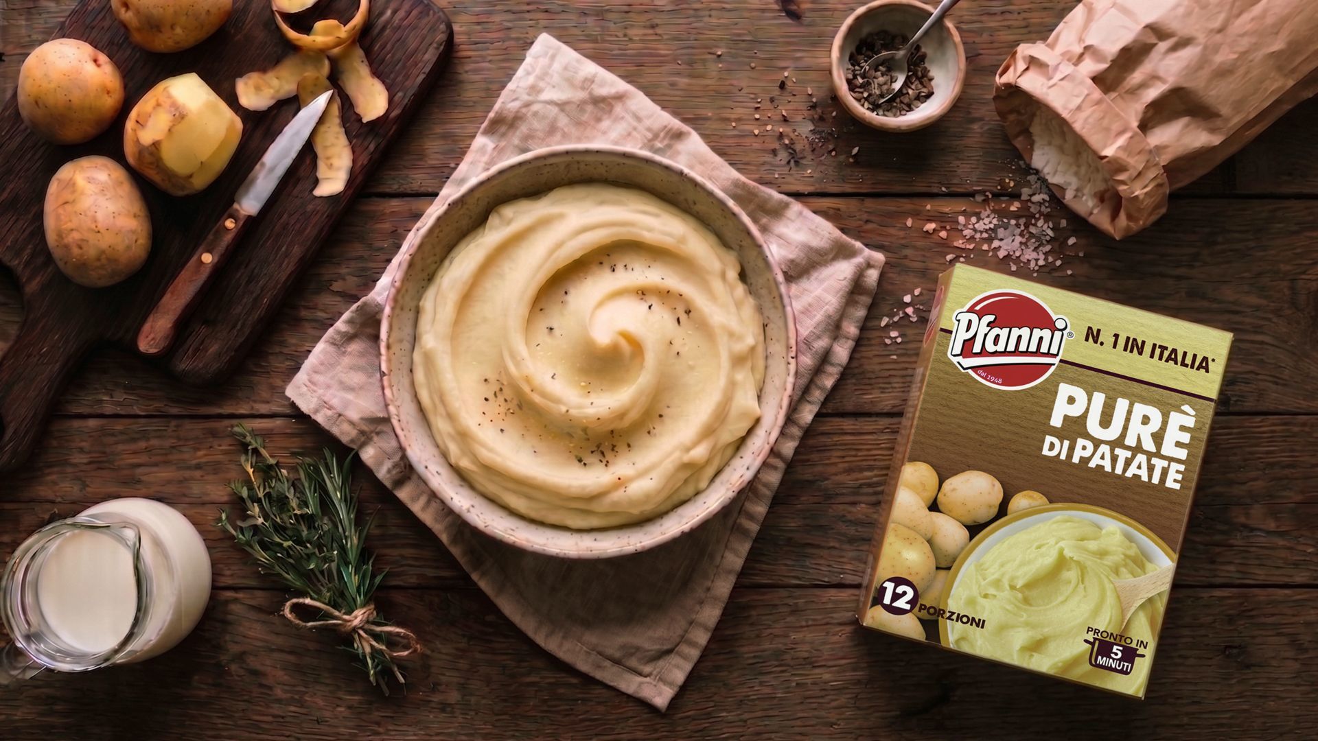 Ciotola di purè di patate accanto a una confezione di purè Pfanni e ingredienti freschi su un tavolo di legno.