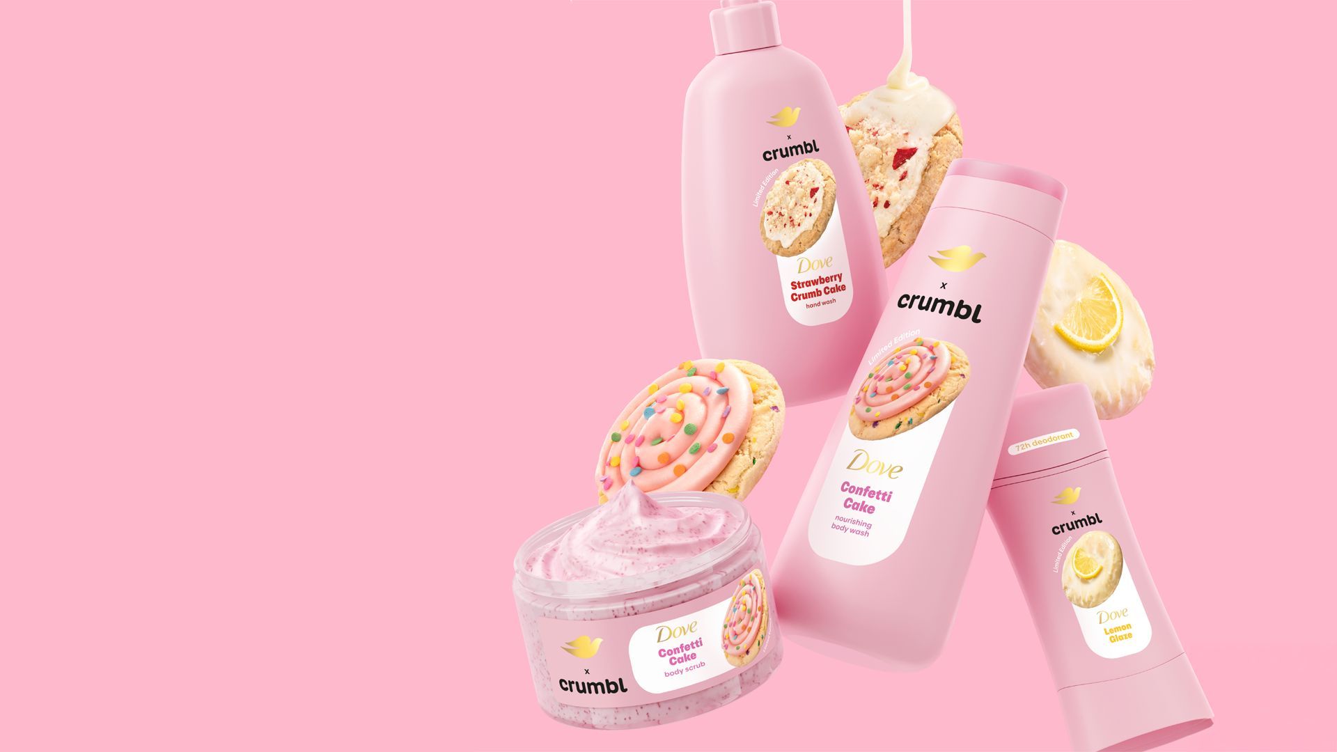  Un'immagine dei prodotti Crumbl di Dove, tra cui la torta sbriciolata alle fragole, la torta ai coriandoli e la glassa al limone su sfondo rosa.