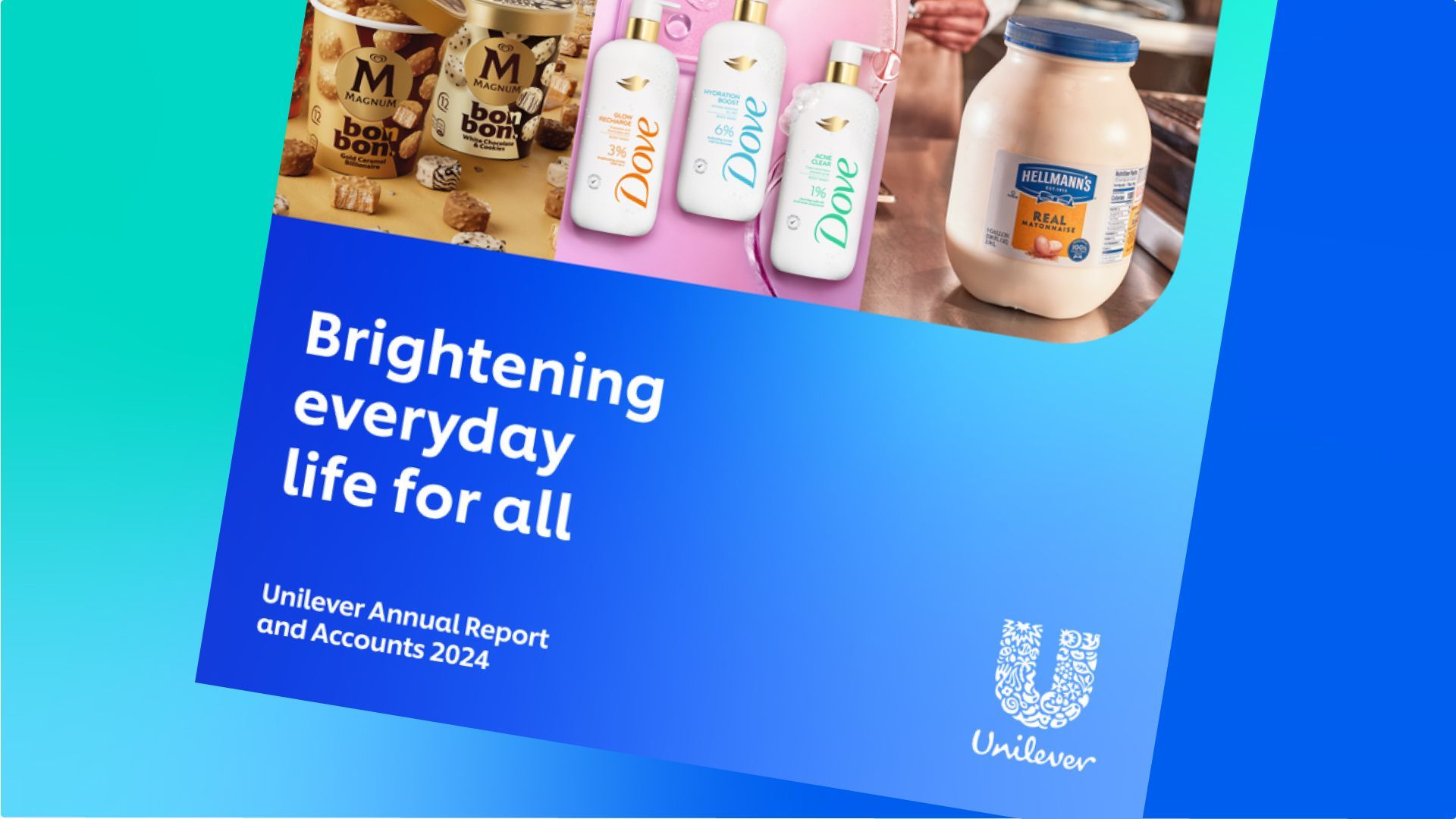 La copertina del rapporto annuale e dei conti 2024 di Unilever mostra le immagini dei marchi Magnum, Dove e Hellmann's