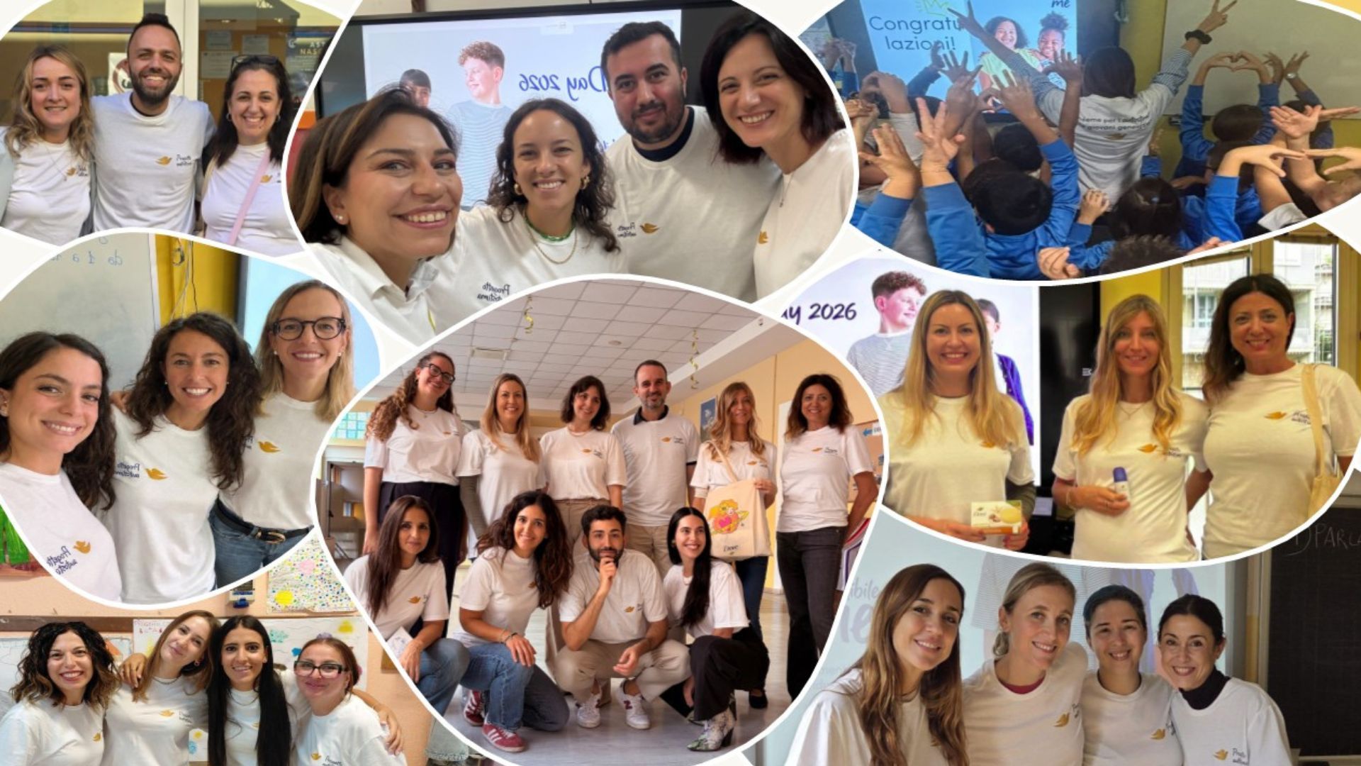 Collage di dipendenti con magliette bianche Dove Progetto Autostima che posano insieme e interagiscono con un gruppo di bambini.