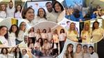 Collage di dipendenti con magliette bianche Dove Progetto Autostima che posano insieme e interagiscono con un gruppo di bambini.
