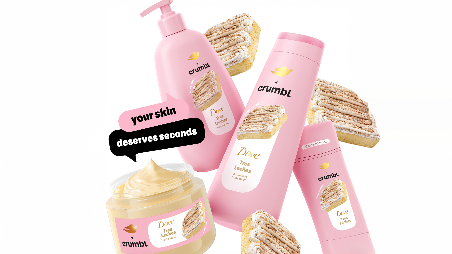 Prodotti in edizione limitata Dove x Crumbl in packaging rosa, esempio di collaborazione creativa e rilevante per nuovi consumatori.