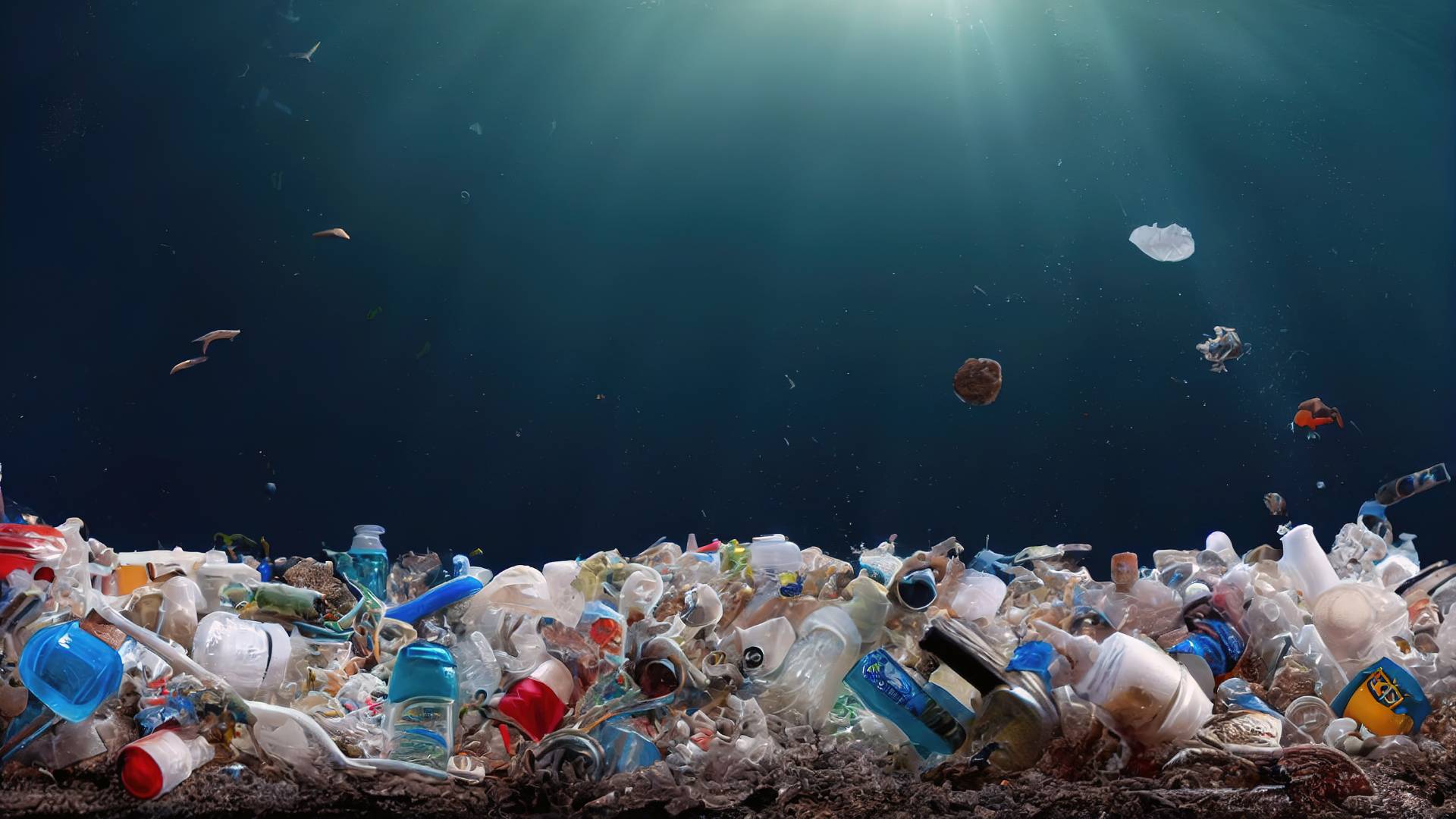 Rendering 3D di cumuli di bottiglie di plastica e imballaggi adagiati sul fondale marino