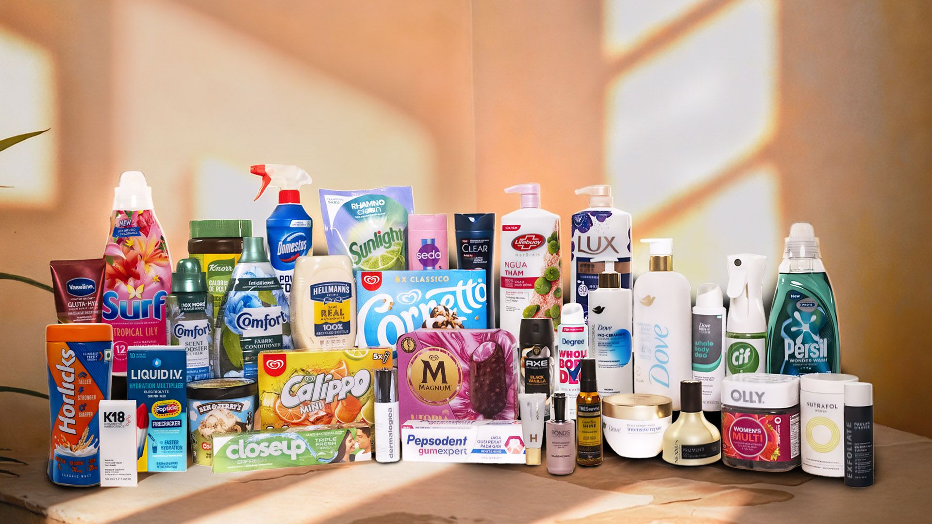 Line-up dei Power Brands di Unilever, tra cui Dove, Liquid I.V., Degree, Vaseline, Persil, Cif, Hellmann’s, Knorr, Magnum e Wall’s.